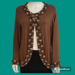 VTG JUST B Brown Floral Glass Beaded Coquette Cardigan Sweater XL